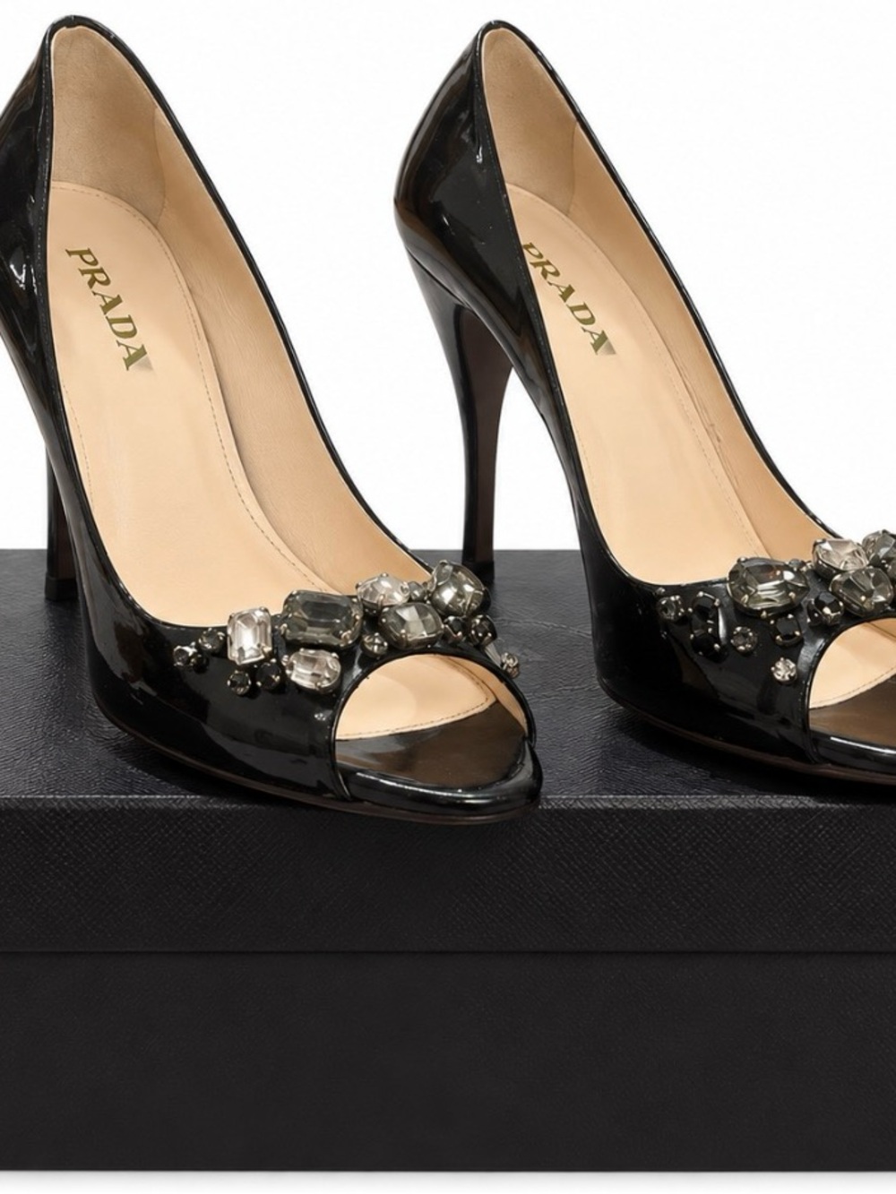 Prada Black Patent Leather Jeweled Peep-Toe Pumps
